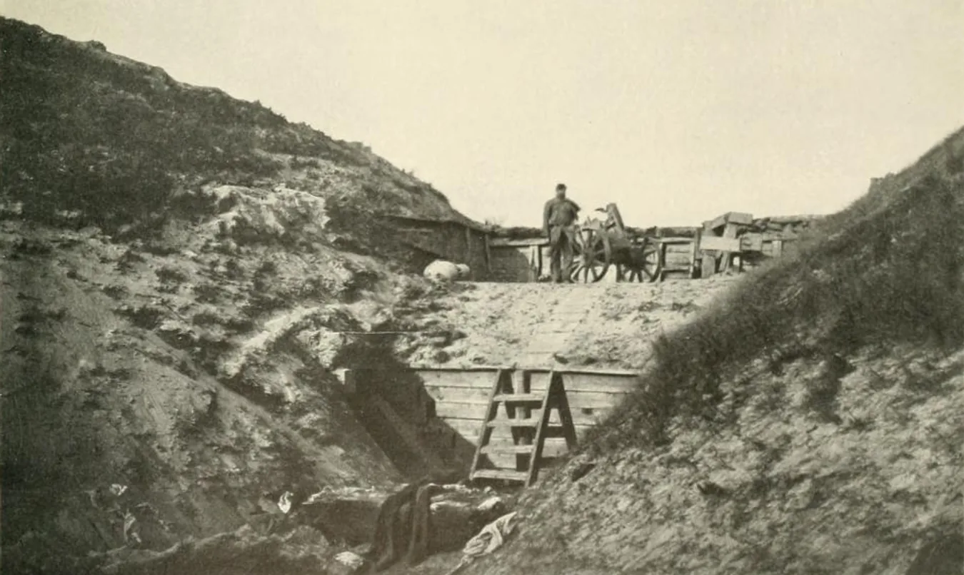 Fort Fisher traverse and artillery position photographed after the fort was captured