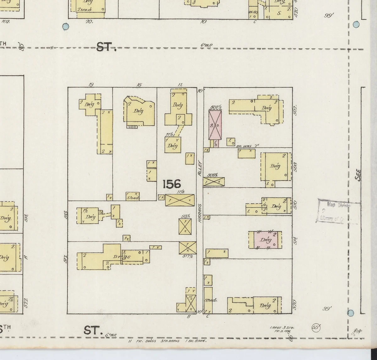 1889 Sanborn map of the 500 block of Market Street between South Fifth and South Sixth streets in Wilmington