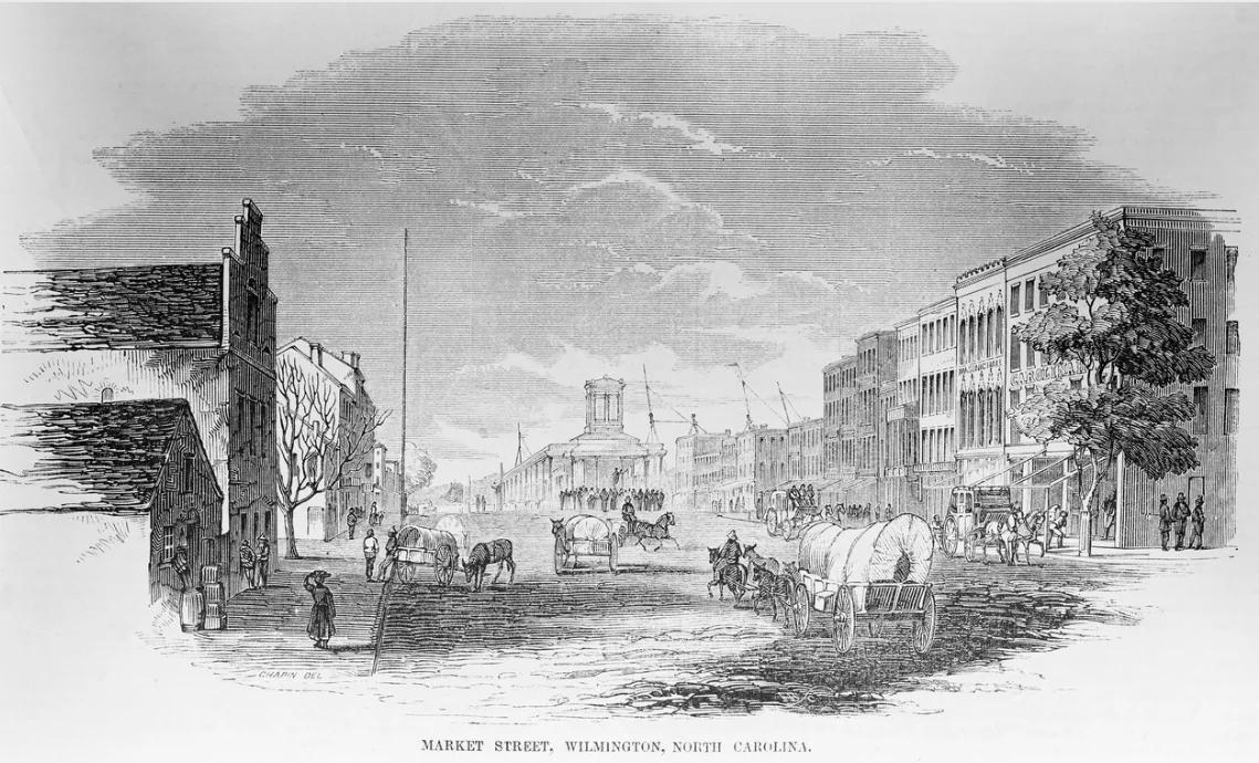 Engraving of Market Street in Wilmington, North Carolina, facing west in 1855