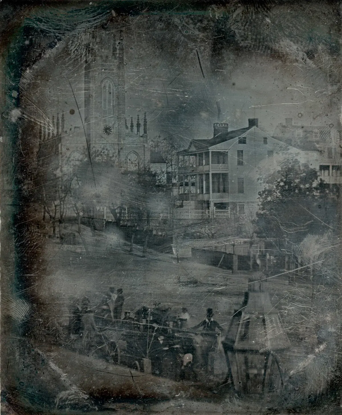 Daguerreotype of St. James Episcopal Church and the Burgwin-Wright House around 1847