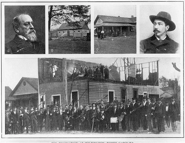 1898 montage showing Alfred Waddell, Wilmington locations, and the wrecked Daily Record building