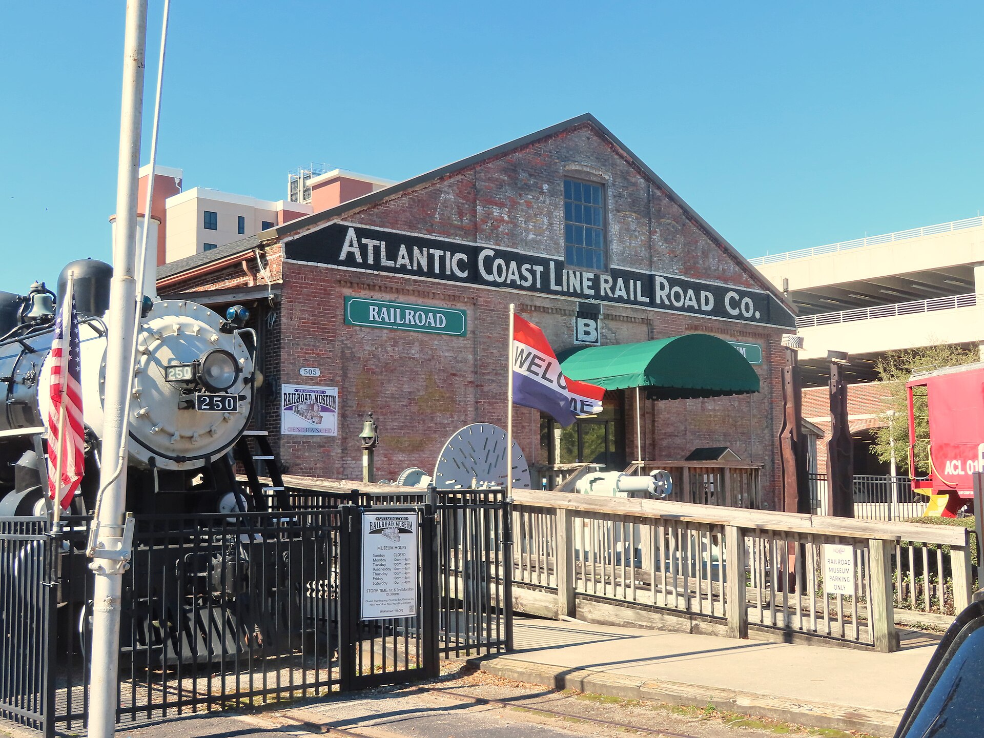 Preserved Atlantic Coast Line locomotive No. 250 outside the Wilmington Railroad Museum
