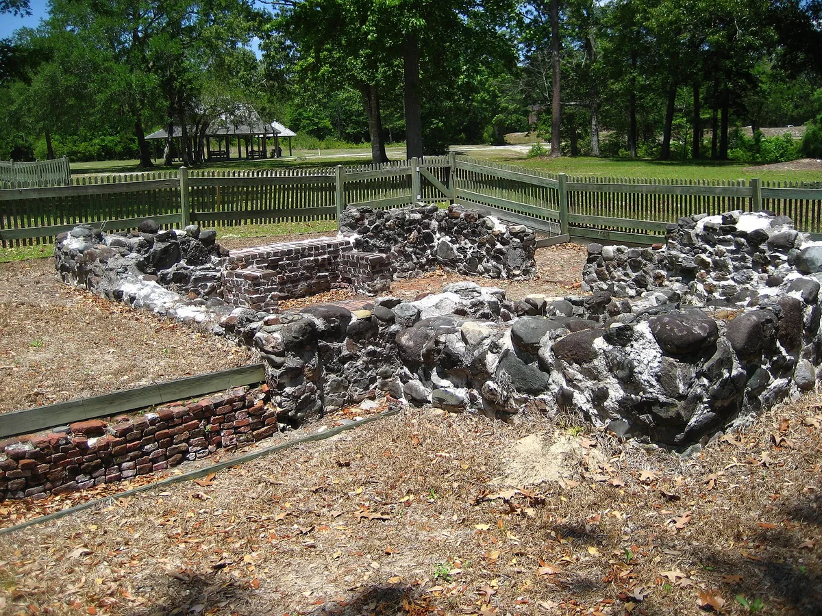 Excavated colonial foundation ruins at Brunswick Town in North Carolina