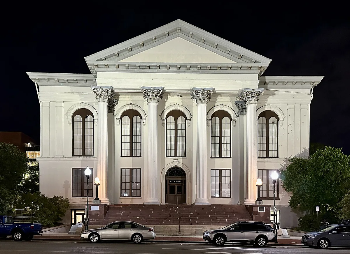 Thalian Hall at 310 Chestnut Street in Wilmington at night