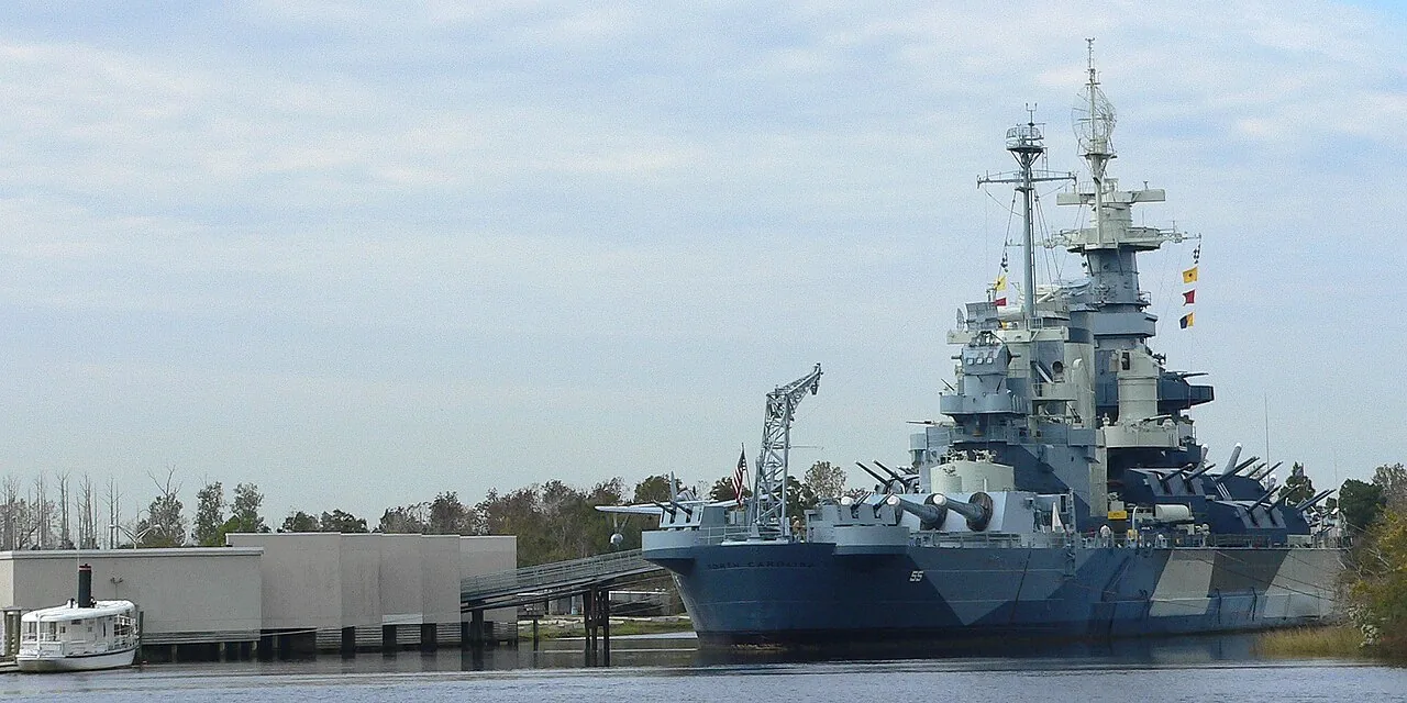 USS NORTH CAROLINA memorial battleship moored on the Cape Fear River in Wilmington