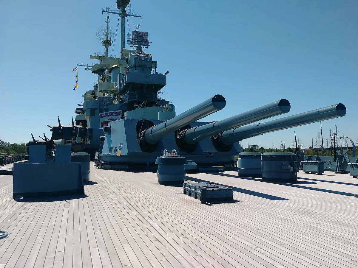 Main gun turrets viewed from the deck of Battleship NORTH CAROLINA in Wilmington