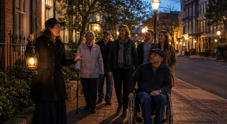 Accessible Wilmington ghost tour group at night