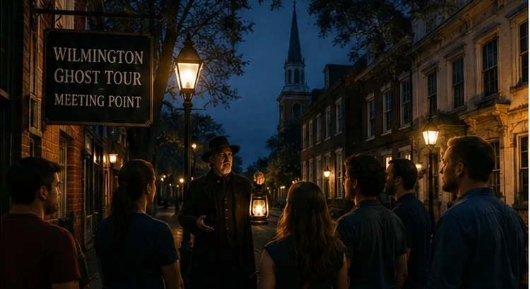 Wilmington ghost tour meeting point in historic downtown at night